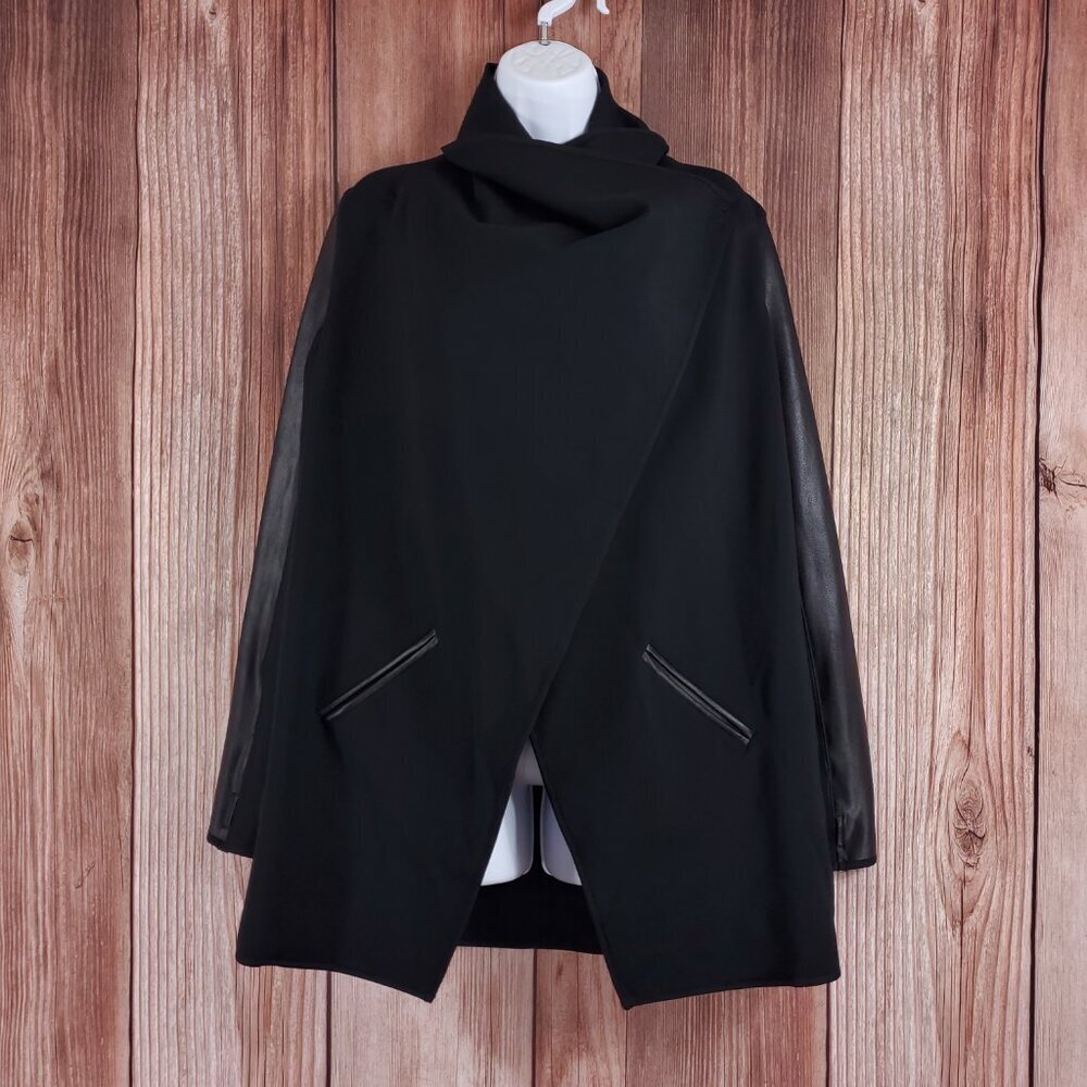 Spanx Womens Small Drape Front Jacket Very Black Convertible Faux Leather 50176R